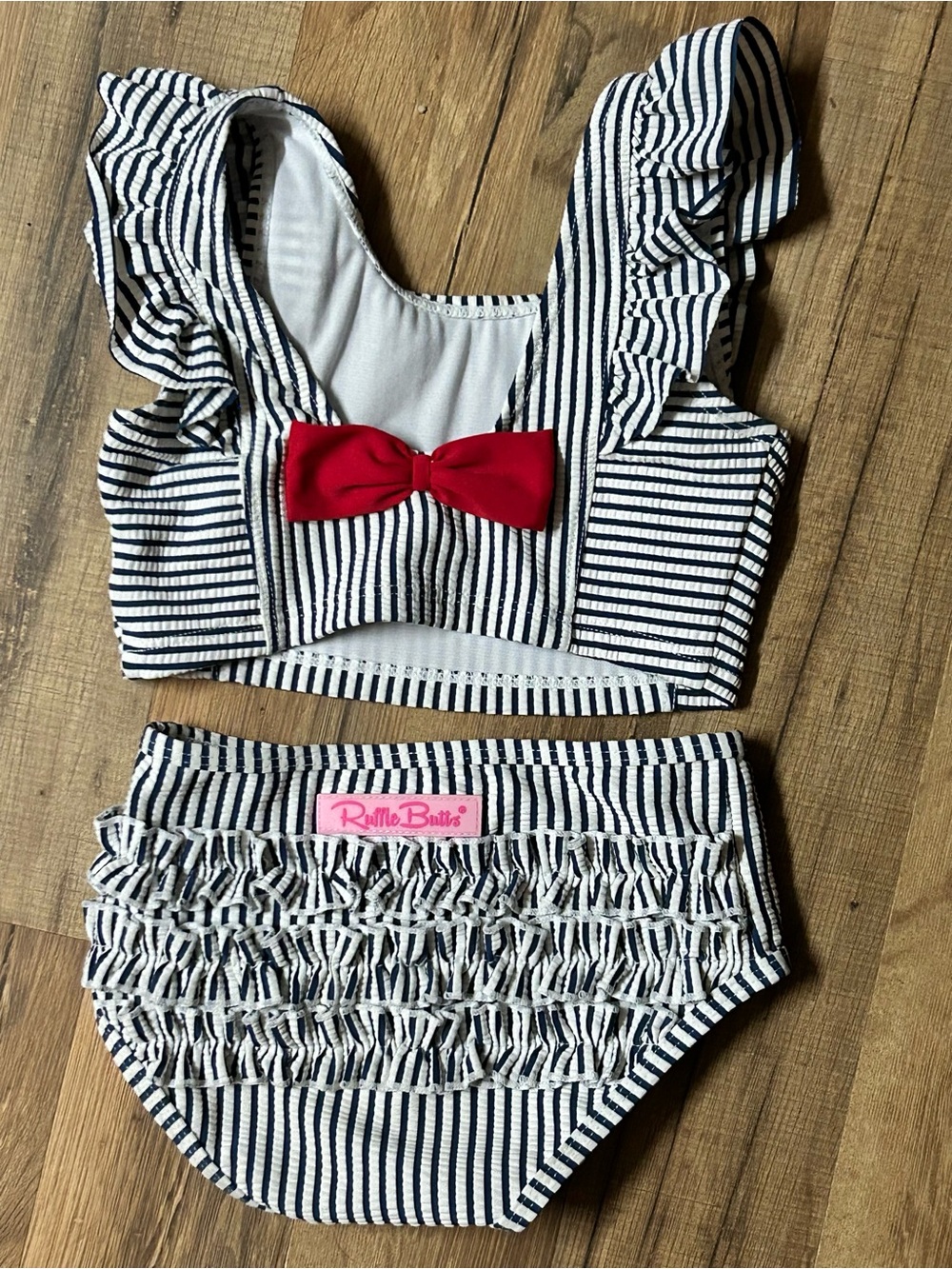 Girls size 3T Ruffle Butts Striped bathing suit, Preppy Bow, 2 Piece Ruffles